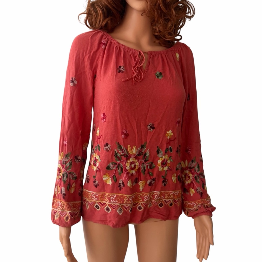 Retro Boho Liv Los Angeles Rayon Embroidered Blouse Off Shoulder Coral Top Flowy
